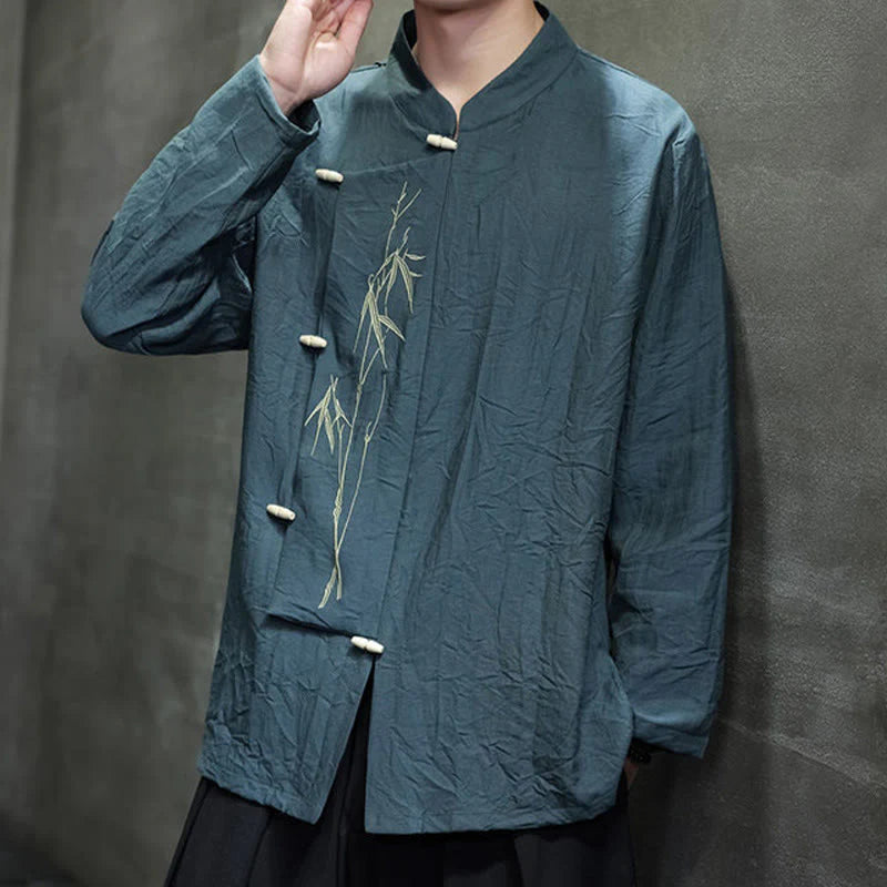Buddha Stones Fall Solid Color Bamboo Leaf Embroidery Men's Long Sleeve Cotton Linen Shirt