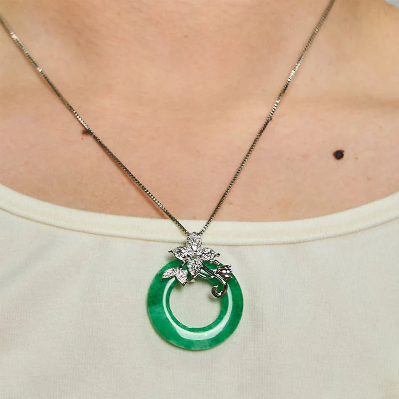 Buddha Stones Cyan Jade Peace Buckle Alloy Flower Healing Luck Necklace Pendant