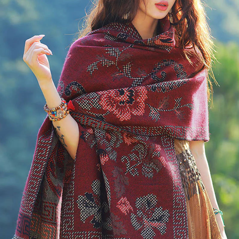 Buddha Stones Jacquard Ethnic Paisley Plants Pattern Tassel Soft Thermal Scarf Shawl