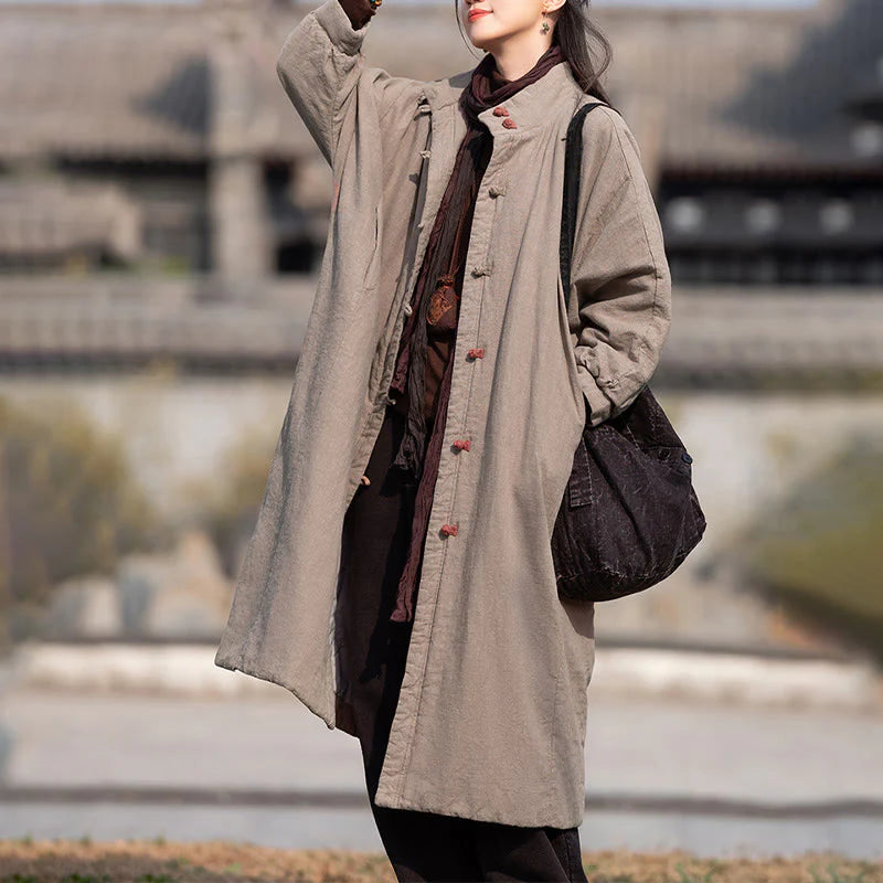 Buddha Stones Winter Solid Frog-Button Ramie Cotton Women's Long Sleeve Thermal Coat With Pockets