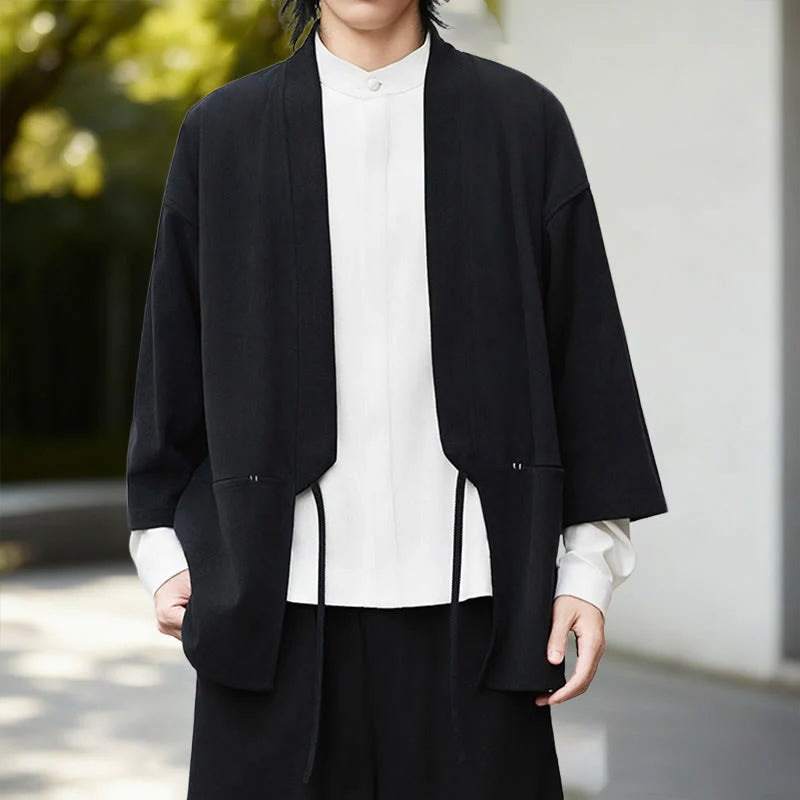 Buddha Stones Solid Color Open Front Long Sleeve Corduroy Jacket Men's Kimono Cotton Linen Shirt
