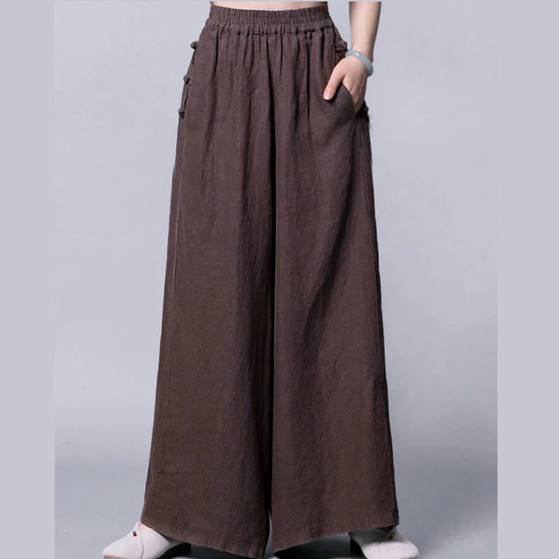 Buddha Stones Casual Frog-Button High Waist Wide Leg Pants With Pockets