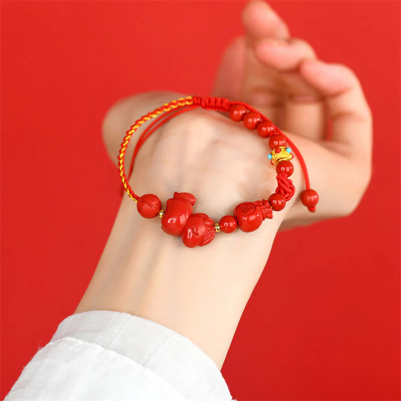 Buddha Stones Year of the Horse Natural Cinnabar Fu Character Lucky Bag Blessing Bracelet