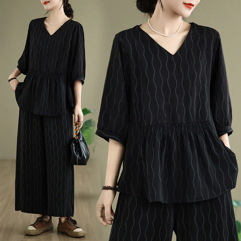 Buddha Stones 2pcs Striped Pattern Short Sleeve Shirt Polyester 7 Length Harem Pants Set With Pocket