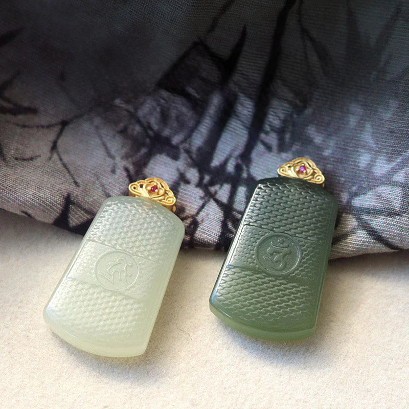 Buddha Stones Hetian Jade 925 Sterling Silver Om Symbol Prosperity Necklace Pendant