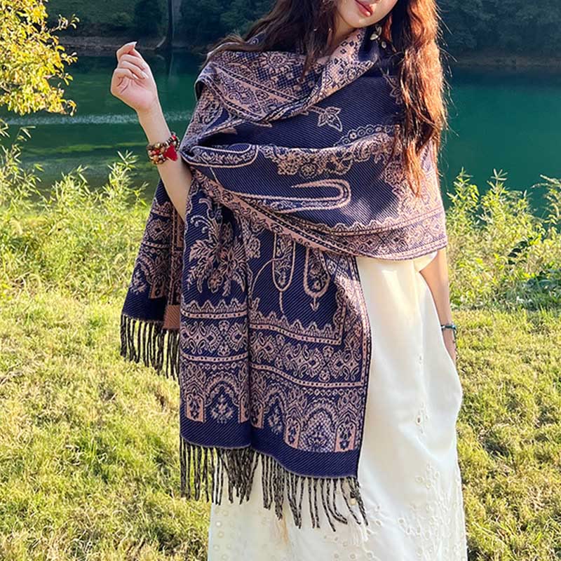 Buddha Stones Jacquard Ethnic Paisley Plants Pattern Tassel Soft Thermal Scarf Shawl
