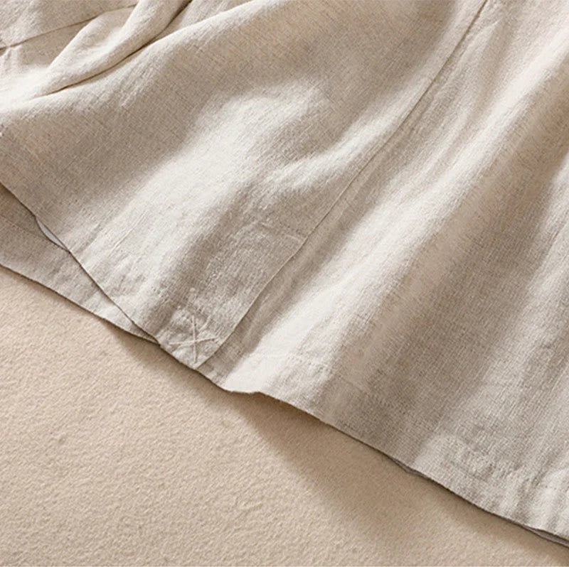 Buddha Stones Women's Cotton Linen Stand Collar Long Sleeve Shirt With Pockets