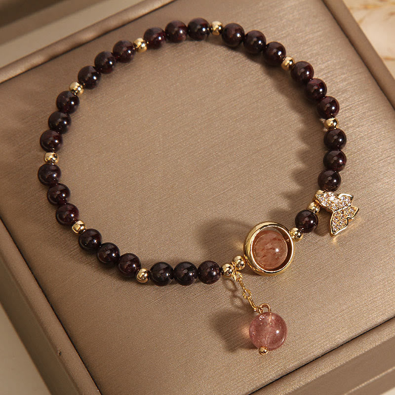 Buddha Stones Natural 3mm Ultra-thin Garnet Strawberry Quartz Butterfly Calm Bracelet