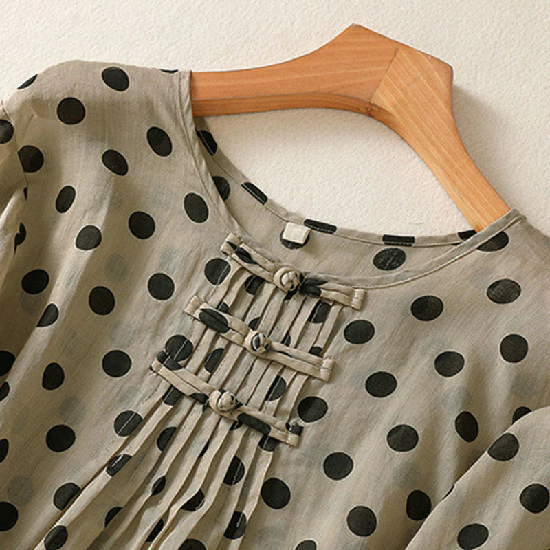 Buddha Stones Fall Round Neck Polka Dots Long Sleeve Women's Polyester Shirt