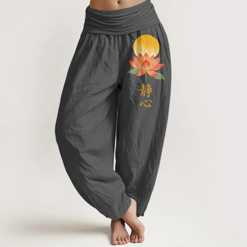 Buddha Stones Cotton Full Moon Lotus Flower Pattern Women's Elastic Waist Harem Pants