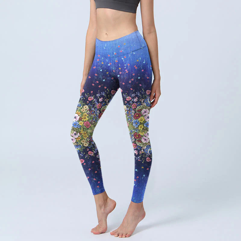 Buddha Stones Gradient Color Flower Pattern Print Gym Leggings Women's Yoga Pants