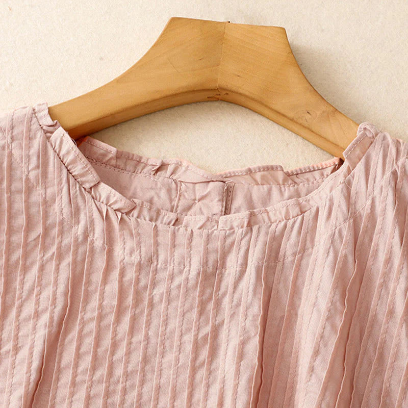 Buddha Stones Summer Pure Color Ruffled Pleated Design Women's Cotton Short Sleeve Shirt