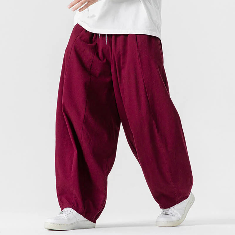 Buddha Stones Fall Solid Color Cotton Elastic Waist Men's Harem Pants With Pockets