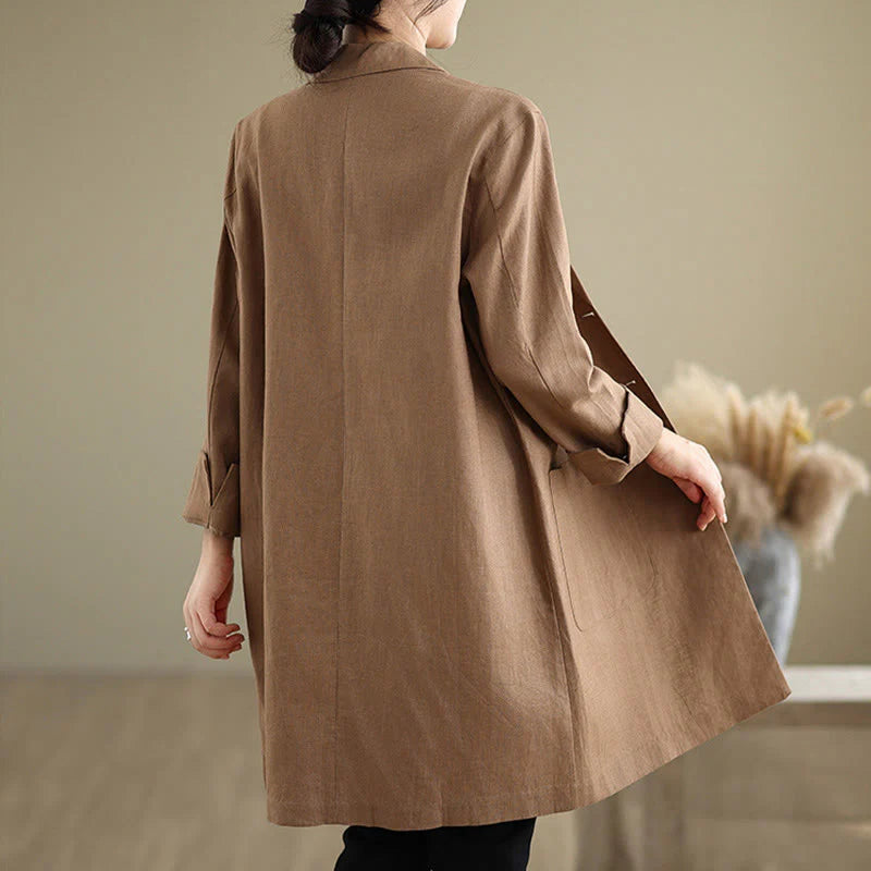 Buddha Stones Casual Fall Buttons Design Lapel Women's Cotton Linen Coat With Pockets