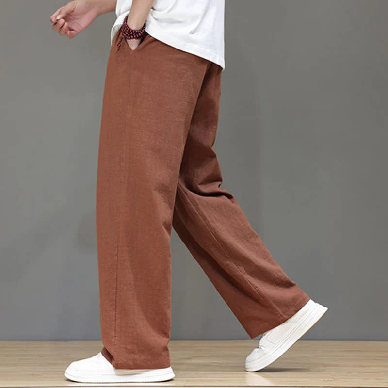 Buddha Stones Summer Men's Cotton Linen Straight Leg Pants With Pockets