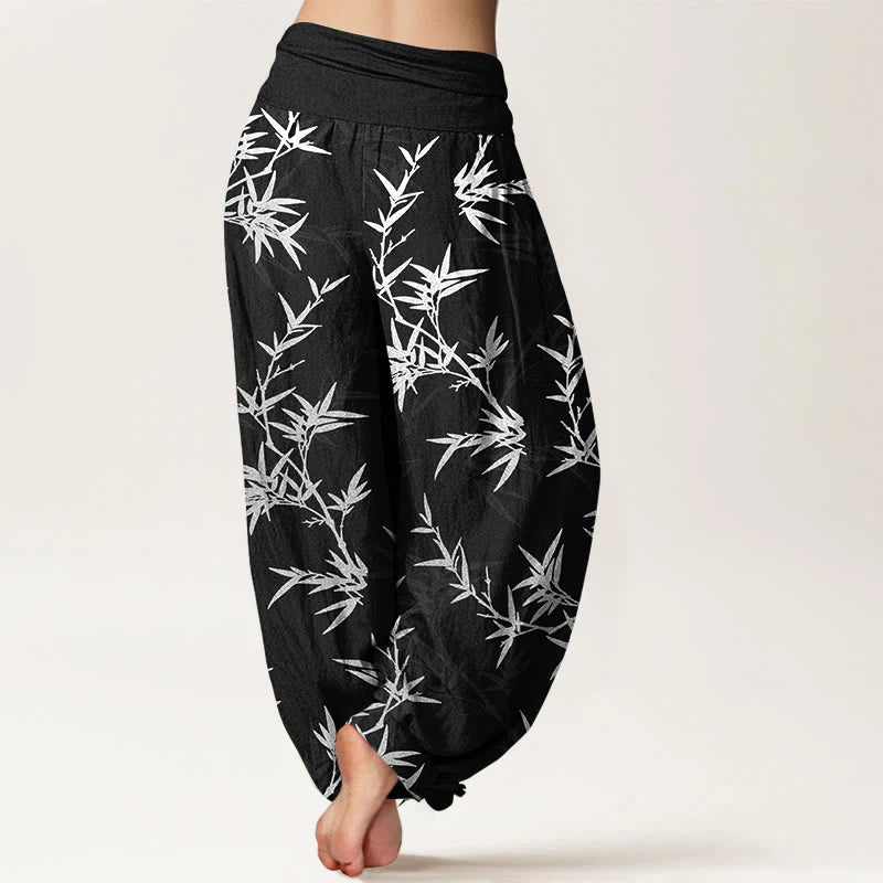 Buddha Stones Pure Cotton White Bamboo Leaves Women's Elastic Waist Harem Pants