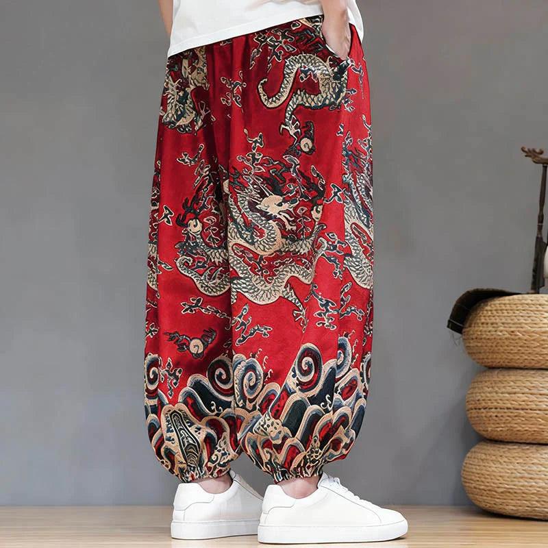 Buddha Stones Summer Dragon Drawstring Design Cotton Linen Men's Harem Pants With Pockets