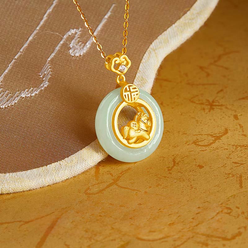 Buddha Stones 925 Sterling Silver Year Of The Horse Hetian Jade Peace Buckle Luck Necklace Pendant