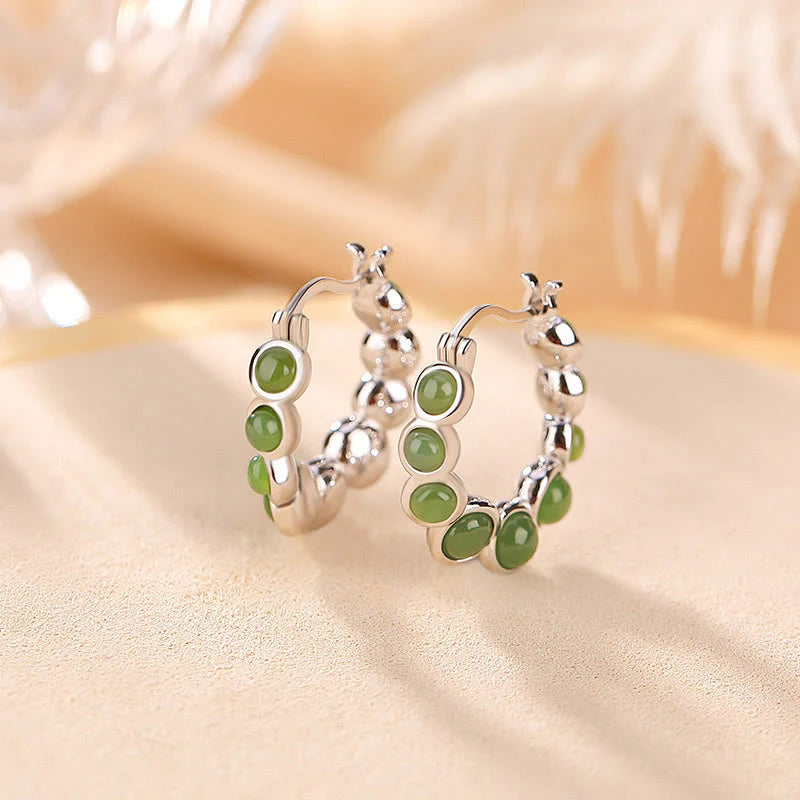 Buddha Stones 925 Sterling Silver Plated Gold Hetian Cyan Jade Pea Ear Clip Prosperity Earrings  (Extra 30% Off | USE CODE: FS30)