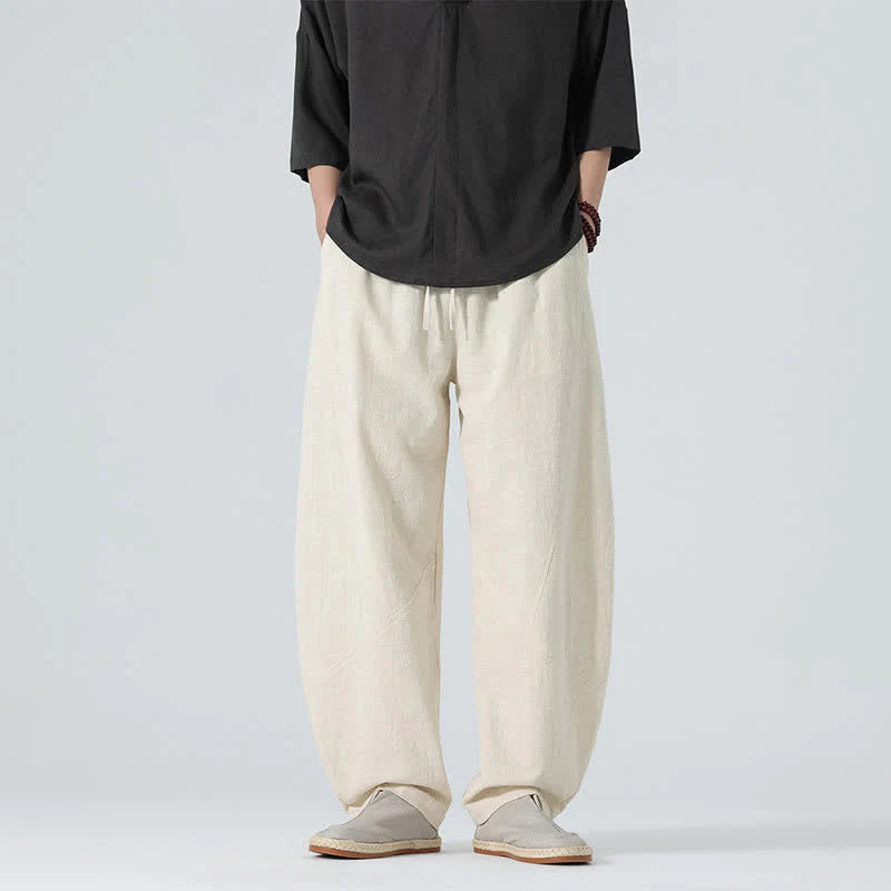 Buddha Stones Spring Pure Color Men's Cotton Drawstring Pants With Pockets