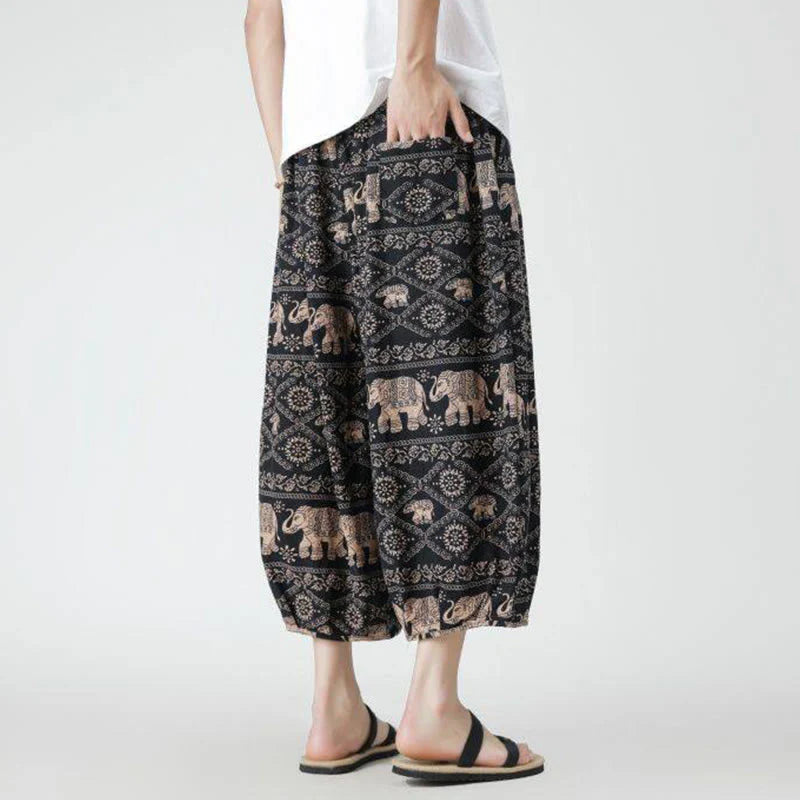 Buddha Stones Summer Square Patchwork Elephant Mandala Geometry Cotton Linen Men's 7-8 Length Pants With Pockets