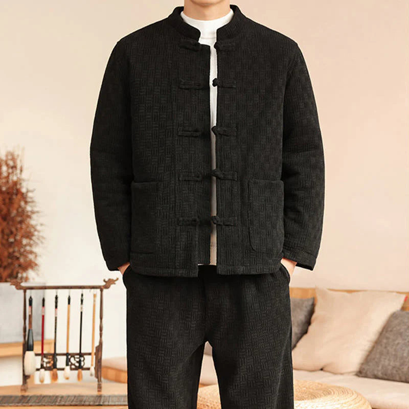 Buddha Stones 2Pcs Winter Solid Men's Tang Suit Frog-Button Cotton Long Sleeve Jacket Pants Set With Pockets
