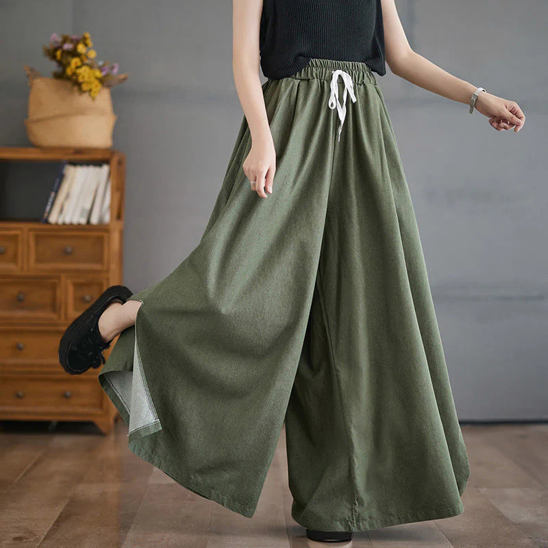 Buddha Stones Retro Leg Opening Slit Design Women's Wide Leg Pants With Pockets