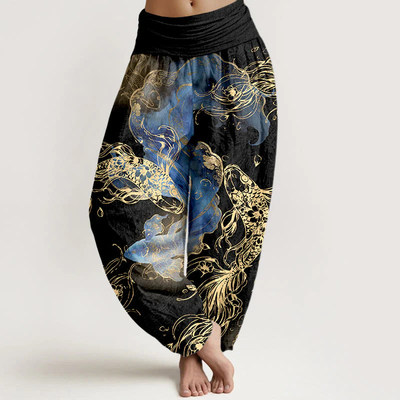 Buddha Stones Pure Cotton Lively Koi Fish Pattern Women's Elastic Waist Harem Pants
