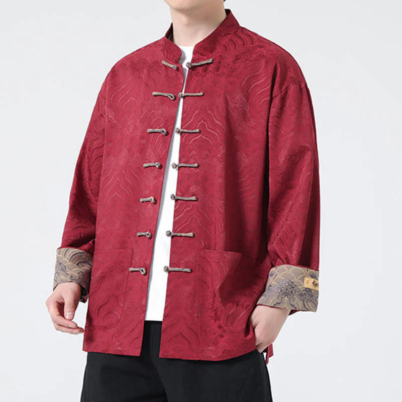 Buddha Stones Frog-Button Mountain Wave Pattern Long Sleeve Men's Cotton Jacket With Pockets