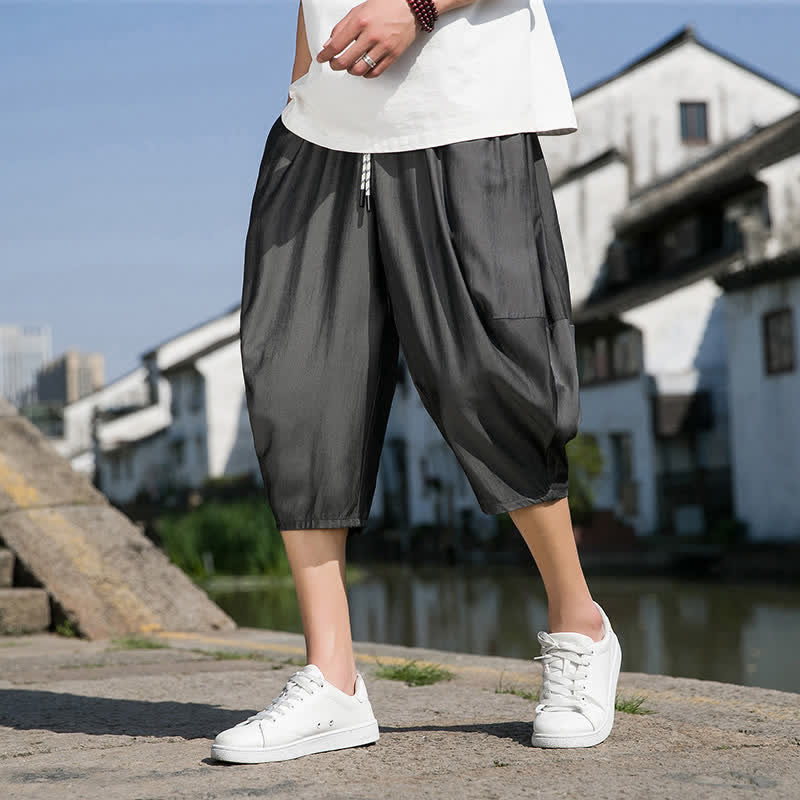 Buddha Stones Summer Elastic Waist Drawstring Solid Color Half Men's Tapered Pants With Pockets