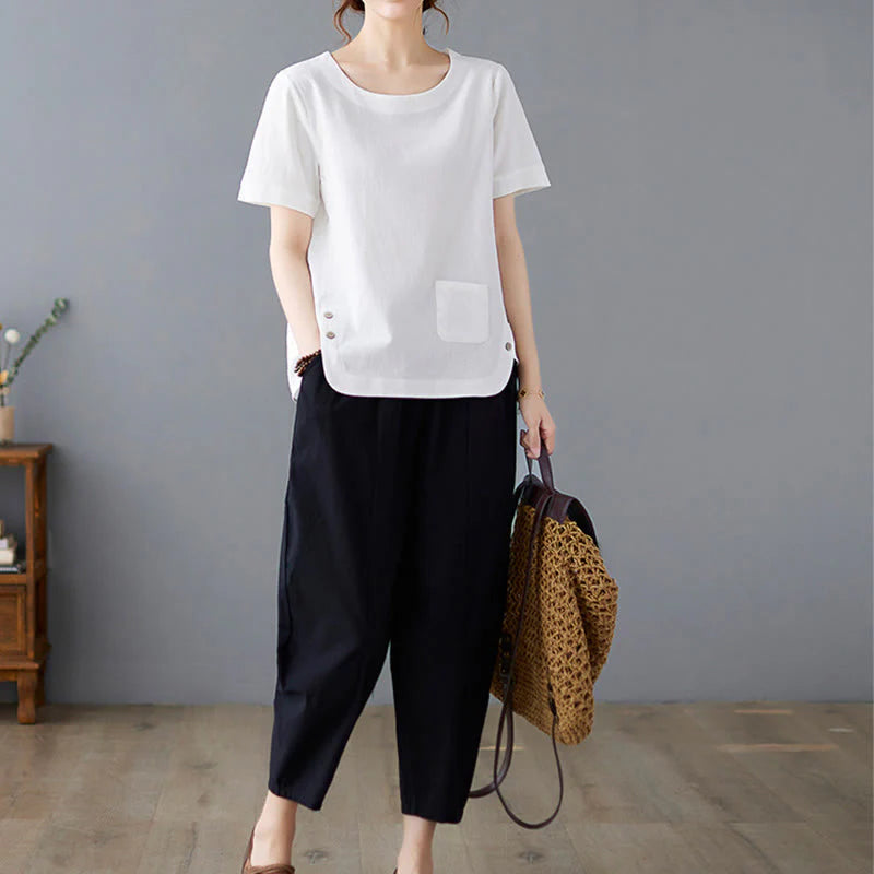 Buddha Stones Side Slit Design Women's Cotton Linen Crew Neck Short Sleeve T-Shirt Wtih Pocket