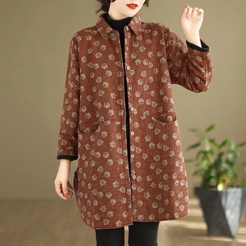 Buddha Stones Fall Winter Buttons Flower Patterns Long Sleeve Cotton Women's Jacket With Pockets
