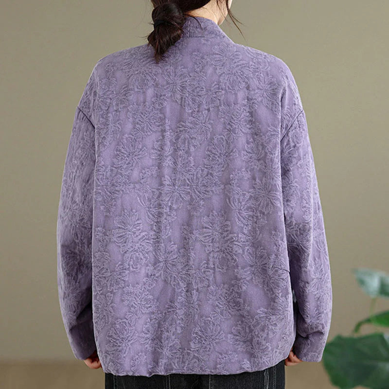 Buddha Stones Winter V-Neck Jacquard Frog-Button Cotton Long Sleeve Women's Thermal Jacket With Pockets
