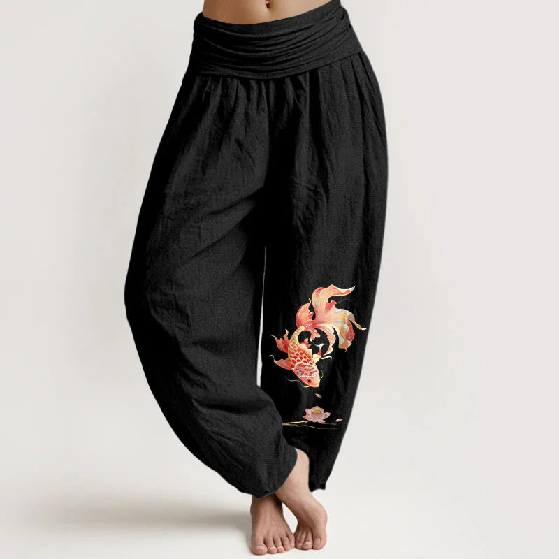 Buddha Stones Cotton Luck Koi Fish Lotus Pattern Women's Elastic Waist Harem Pants