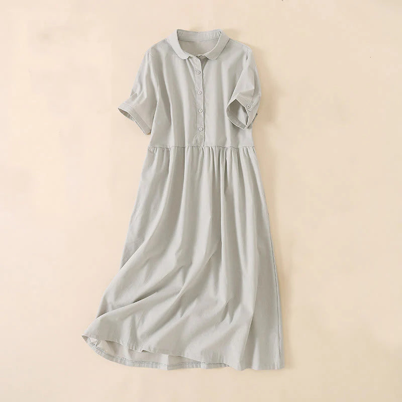 Buddha Stones Summer Buttons Design Short Sleeve Cotton Linen Midi Dress With Pockets