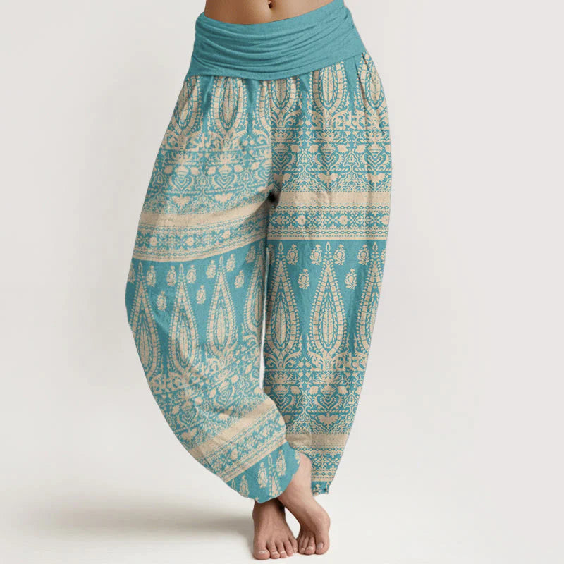 Buddha Stones Pure Cotton Casual Feather Stripes Design Women's Elastic Waist Harem Pants