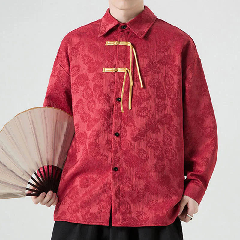 Buddha Stones Frog-Button Leaves Pattern Long Sleeve Men's Tang Suit Jacket