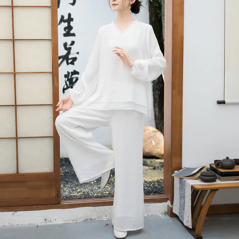 Buddha Stones 2Pcs White Long Sleeve V-Neck Shirt Wide Leg Pants Meditation Women's Set
