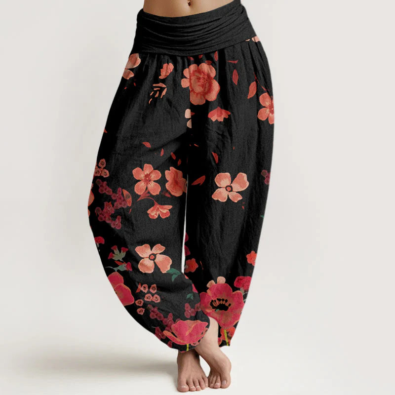 Buddha Stones Cotton Red Flowers Common Poppy Design Women's Elastic Waist Harem Pants