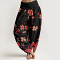 Buddha Stones Cotton Red Flowers Common Poppy Design Women's Elastic Waist Harem Pants