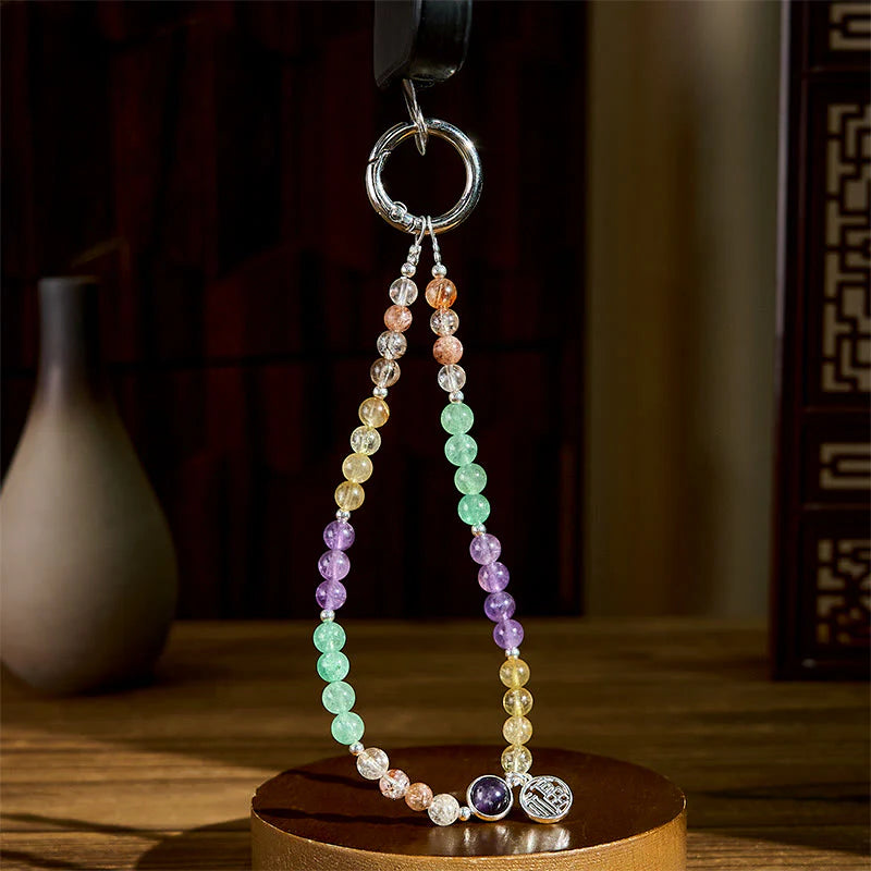 Buddha Stones Fu Character Charm Super Seven Crystal Growth Key Chain Phone Hanging Decoration
