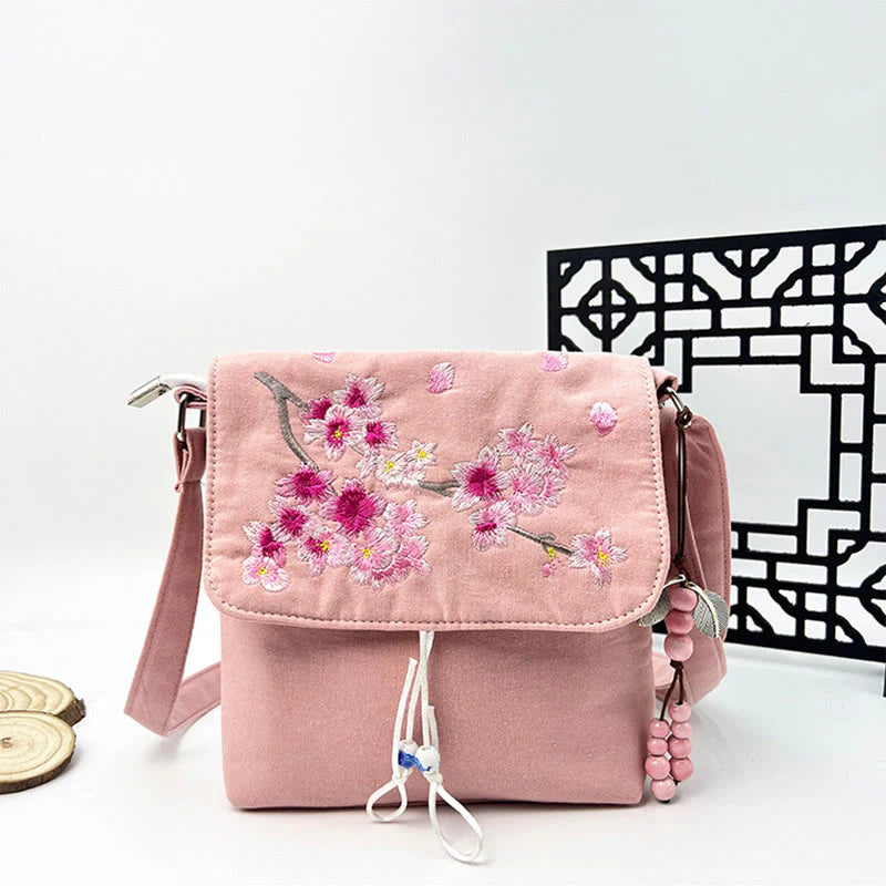 Buddha Stones Embroidered Camellia Epiphyllum Gardenia Sakura Flowers Crossbody Bag Shoulder Bag Cellphone Bag