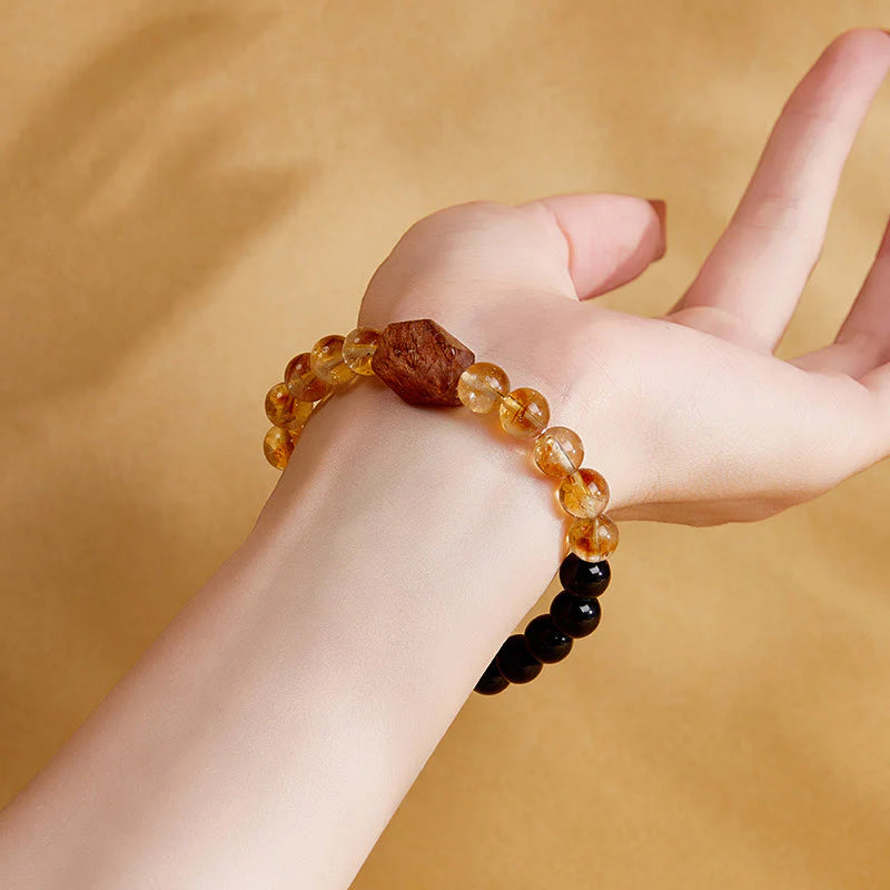 Buddha Stones Natural Black Obsidian Citrine Super Seven Crystal Strength Bracelet