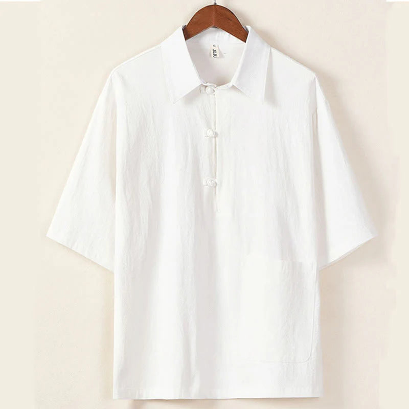 Buddha Stones Casual 2Pcs Pure Color Half Button Design Shirt Drawstring Pants Men's Cotton Linen Meditation Cloth Set With Pockets