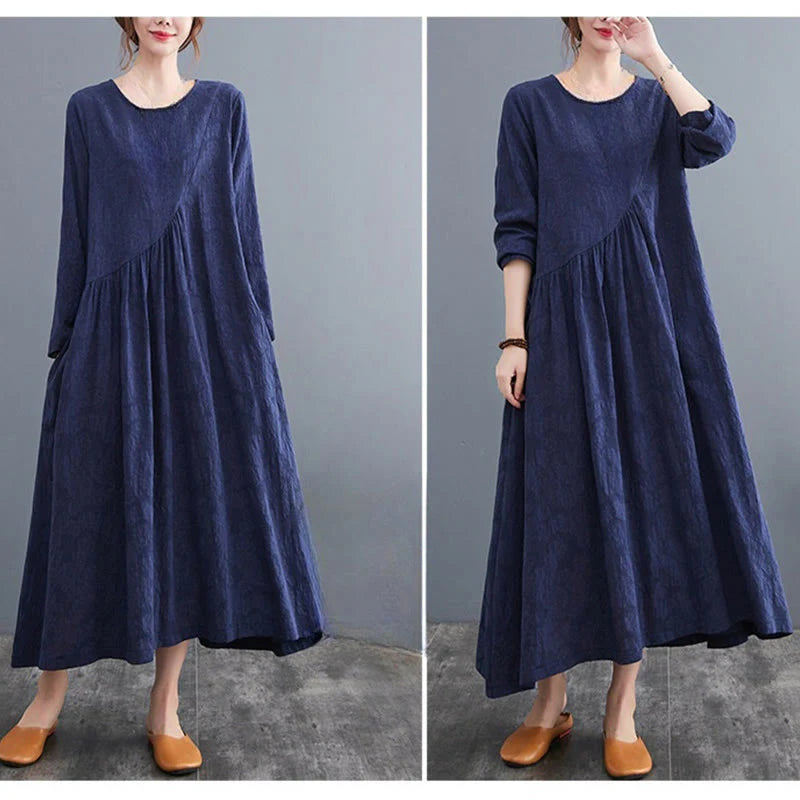 Buddha Stones Smiple Jacquard Pattern Long Sleeve Cotton Linen Women's Midi Dress With Pockets