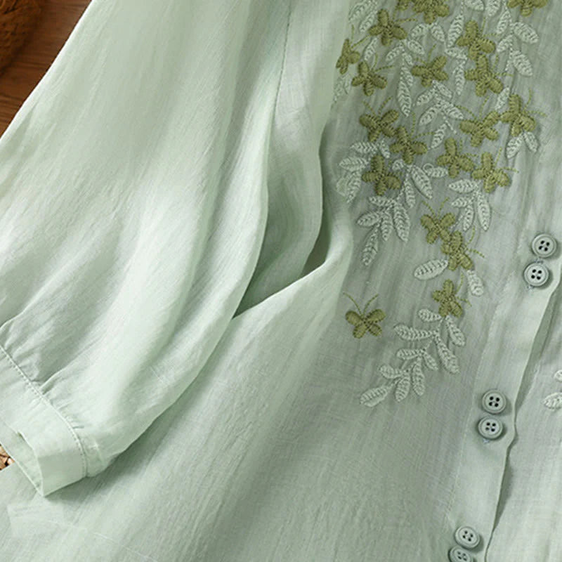Buddha Stones Casual Plant Embroidery Stand Collar Women's Cotton Blend Three Quarter Sleeve Shirt