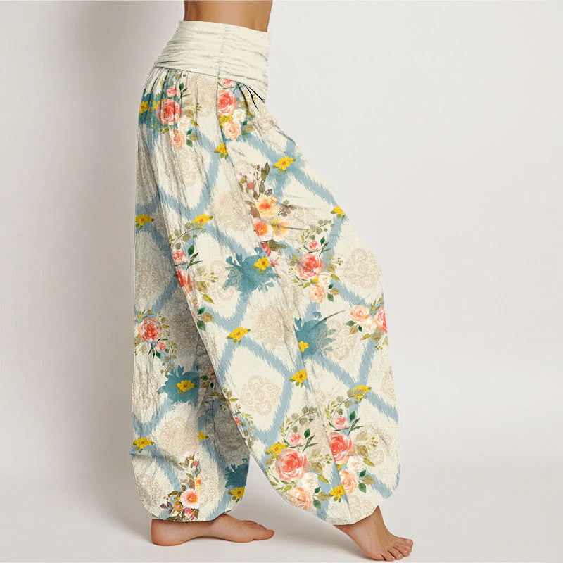 Buddha Stones Cotton Rose Geometric Colorful Flower Pattern Women's Elastic Waist Harem Pants
