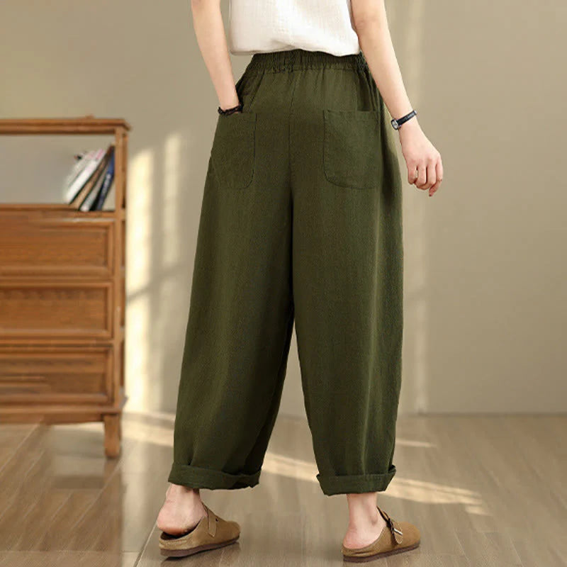 Buddha Stones Women's Fall Plain Color Drawstring Cotton Linen 7-8 Length Pants With Pockets
