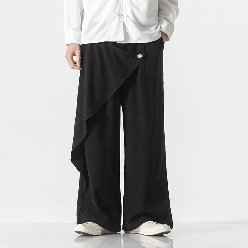 Buddha Stones Asymmetrical Patched Design Plain Men's Cotton Pants With Pockets