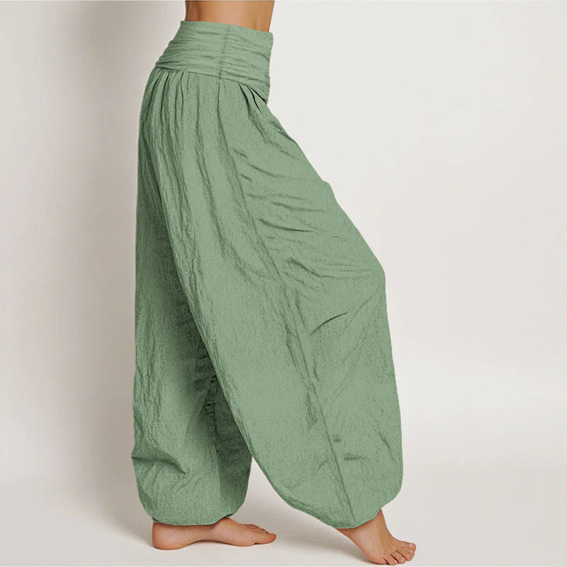 Buddha Stones Cotton Green Solid Color Women's Elastic Waist Harem Pants